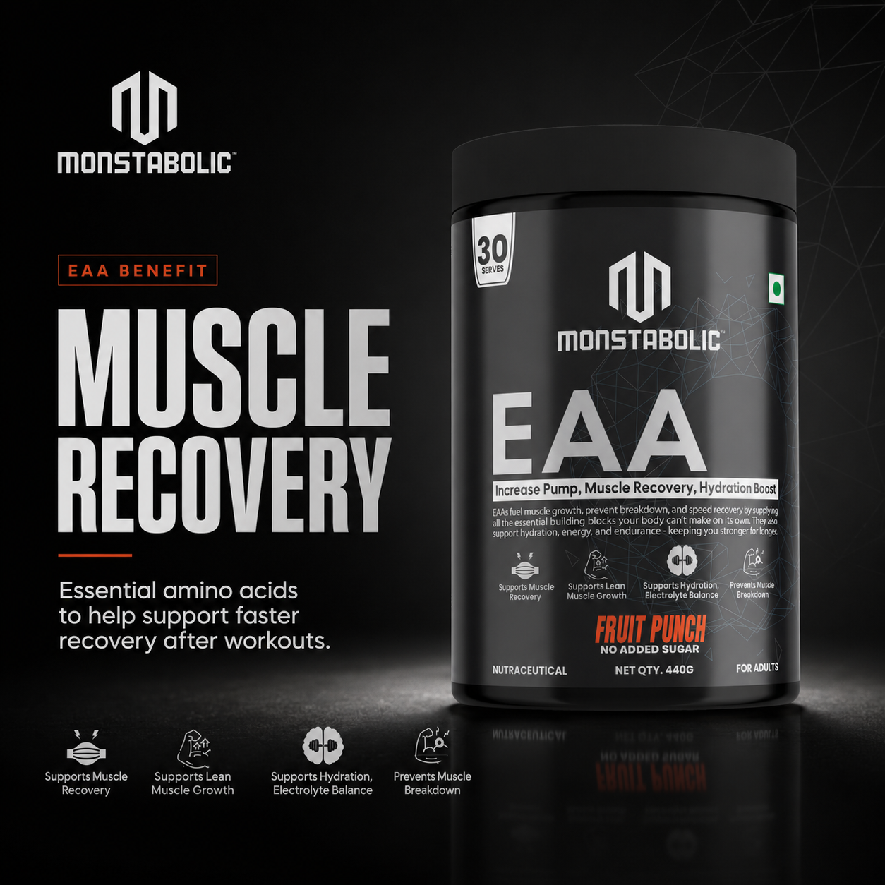 Monstabolic EAA Powder | Essential Amino Acids for Muscle Recovery, Hydration & Lean Muscle Growth | Fruit Punch Flavour | No Added Sugar | 440g | 30 Servings