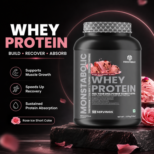 Monstabolic Whey Protein Powder | 24g Protein, 12g EAA & 7g BCAA per Serving | Digestive Enzymes | Rose Ice Short Cake Flavour | 2.27kg (5 lbs) | 58 Servings