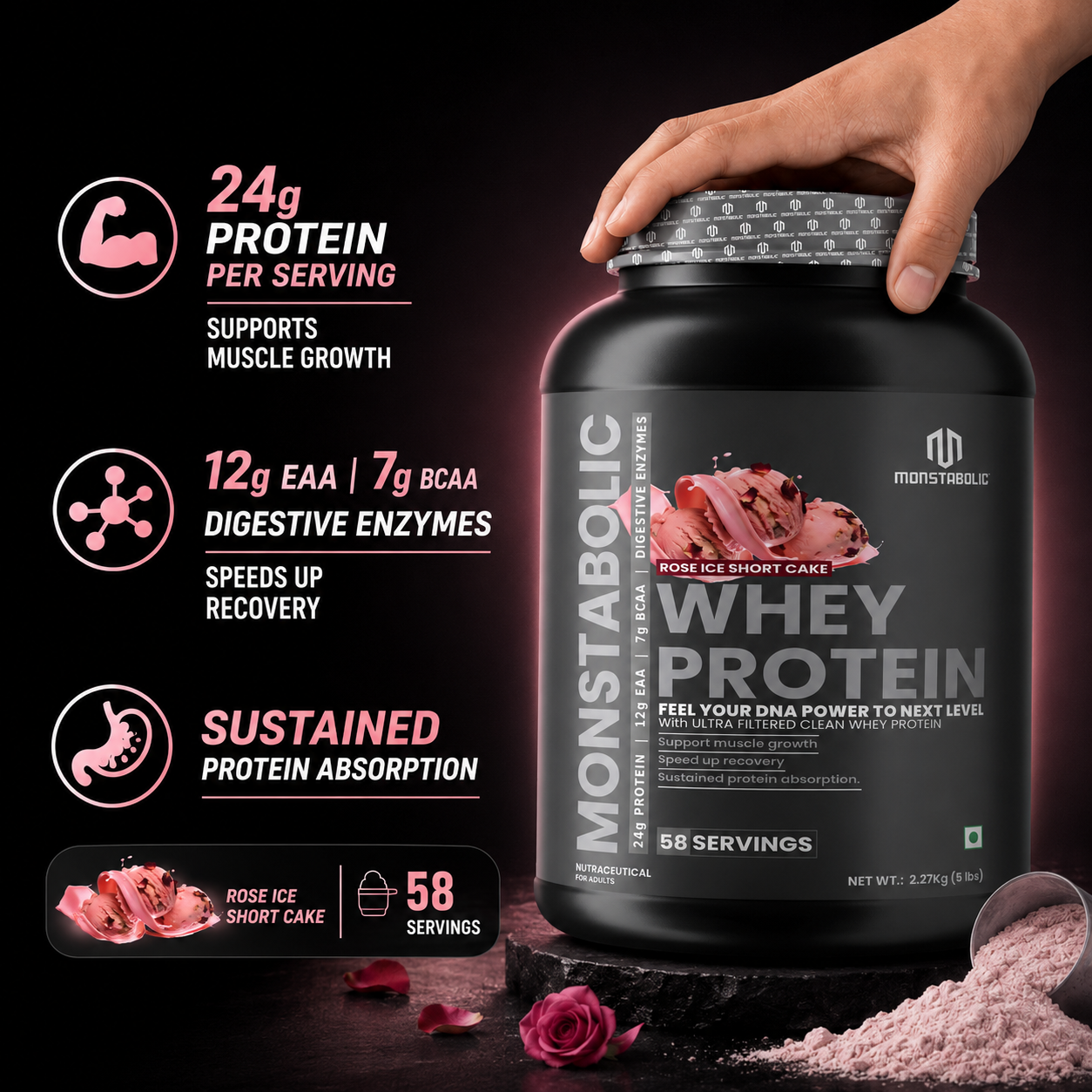 Monstabolic Whey Protein Powder | 24g Protein, 12g EAA & 7g BCAA per Serving | Digestive Enzymes | Rose Ice Short Cake Flavour | 2.27kg (5 lbs) | 58 Servings