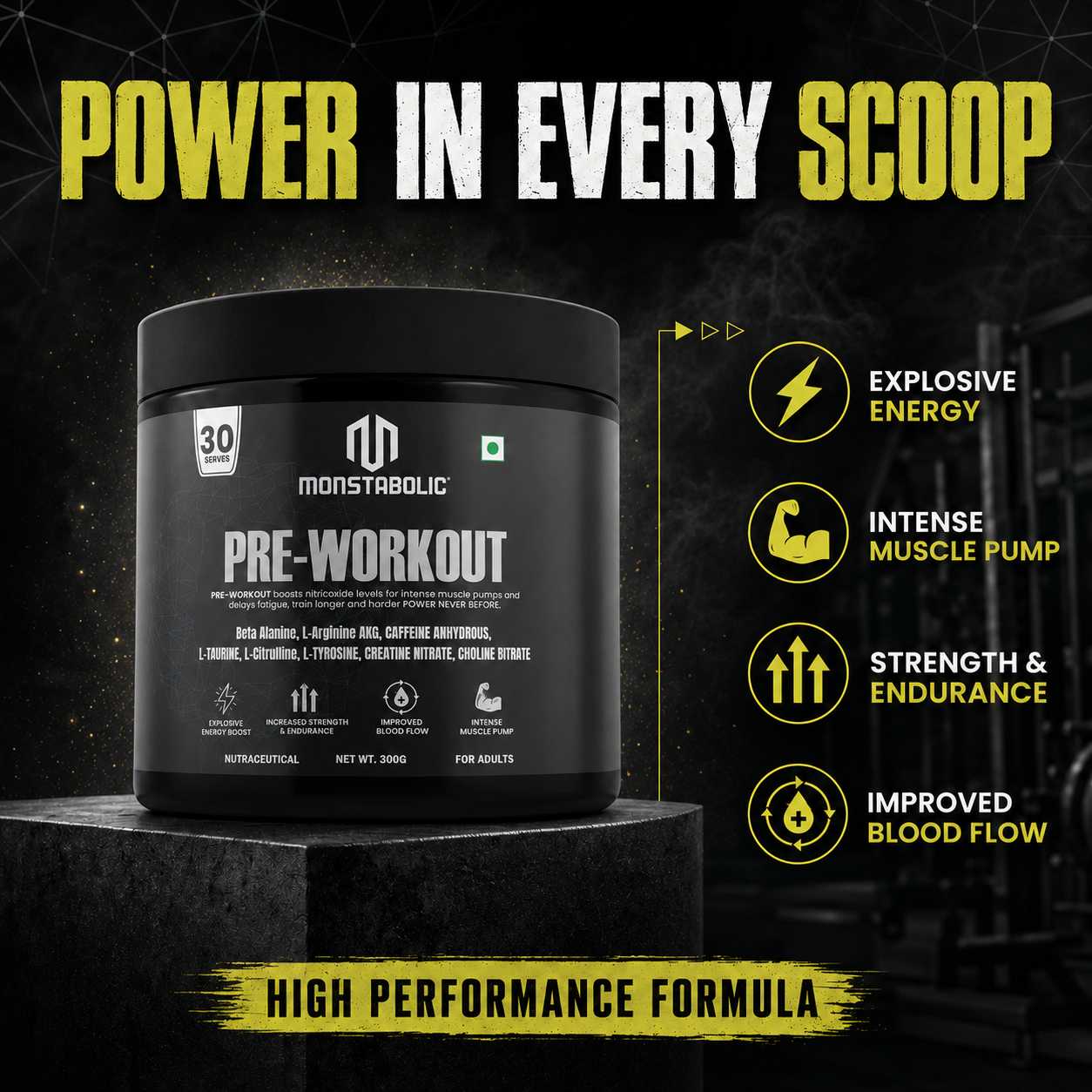 Monstabolic Pre-Workout Powder | Raw Mango Flavour | Beta Alanine, L-Arginine AKG, L-Citrulline, L-Tyrosine, Caffeine Anhydrous | Energy, Focus, Muscle Pump & Endurance | 300g