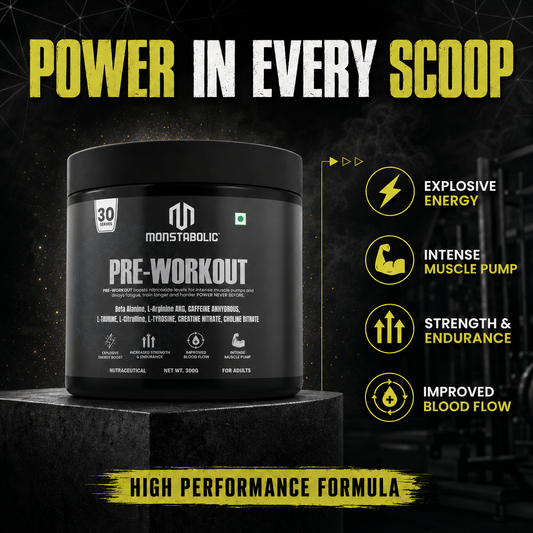 Monstabolic Pre-Workout Powder | Raw Mango Flavour | Beta Alanine, L-Arginine AKG, L-Citrulline, L-Tyrosine, Caffeine Anhydrous | Energy, Focus, Muscle Pump & Endurance | 300g