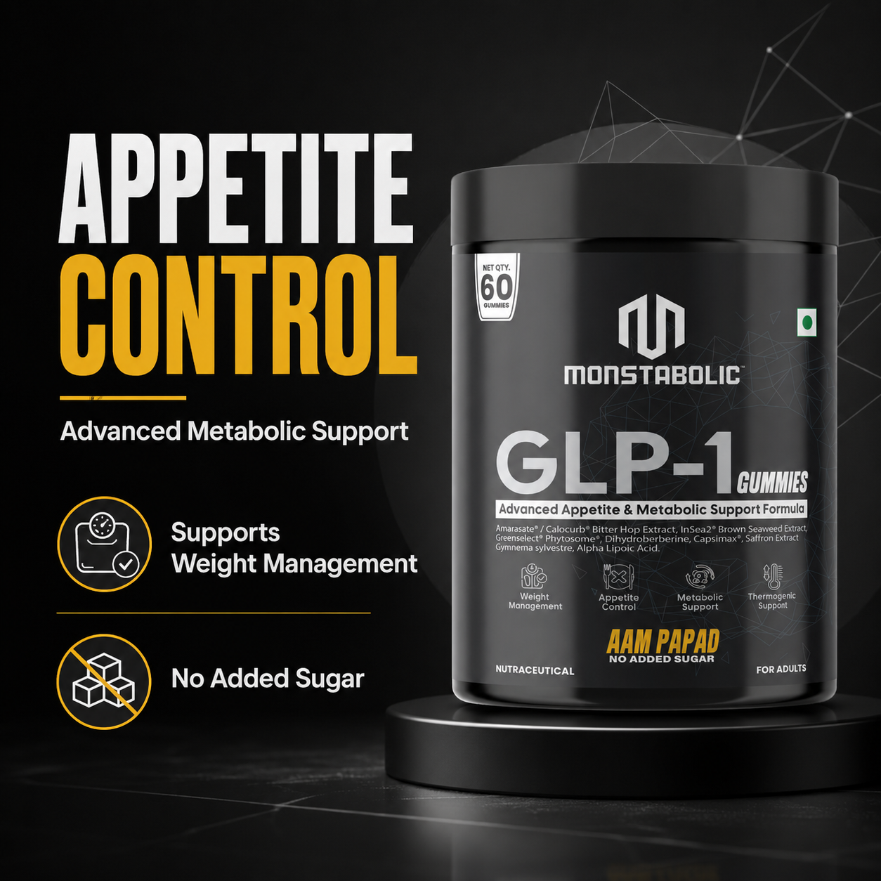 Monstabolic GLP-1 Gummies | Advanced Appetite & Metabolic Support Formula | Weight Management & Appetite Control | No Added Sugar | Aam Papad Flavour | 60 Gummies