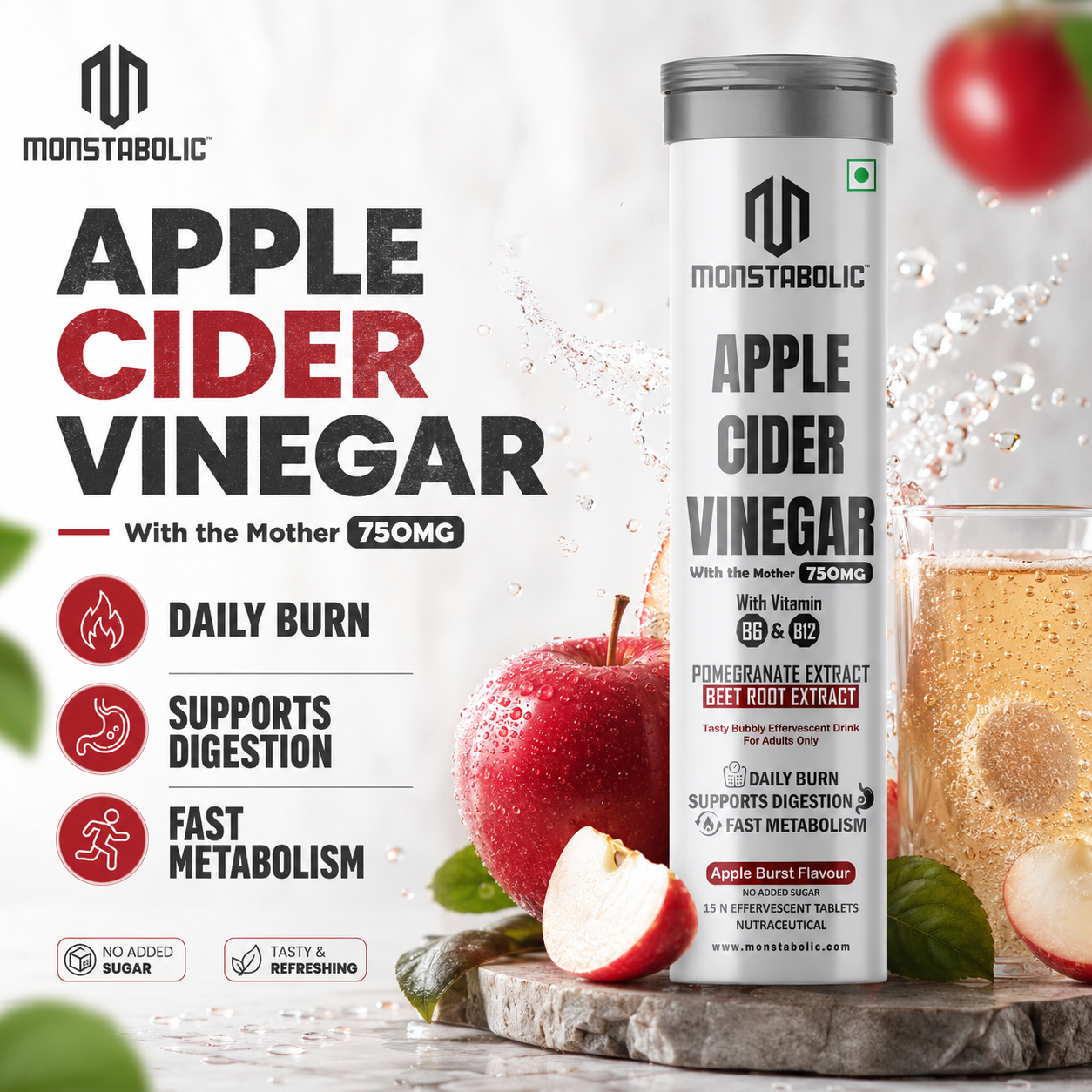 Monstabolic Apple Cider Vinegar Effervescent Tablets | 750mg ACV with The Mother | Vitamin B6 & B12 | Pomegranate & Beet Root Extract | Apple Burst Flavour | 15 Tablets