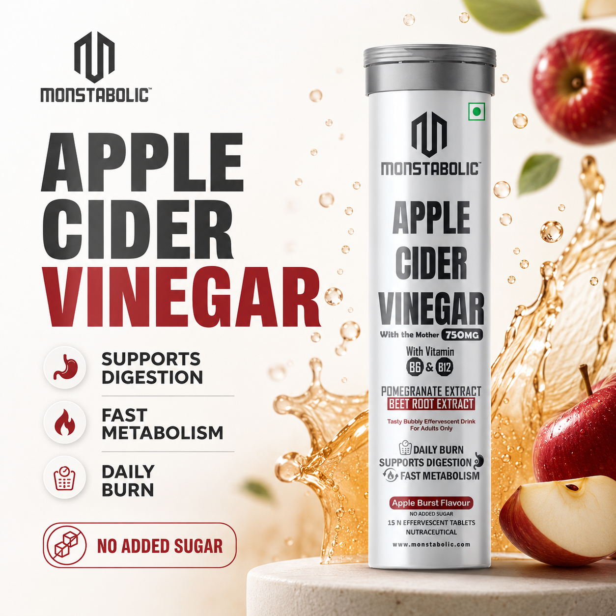 Monstabolic Apple Cider Vinegar Effervescent Tablets | 750mg ACV with The Mother | Vitamin B6 & B12 | Pomegranate & Beet Root Extract | Apple Burst Flavour | 15 Tablets