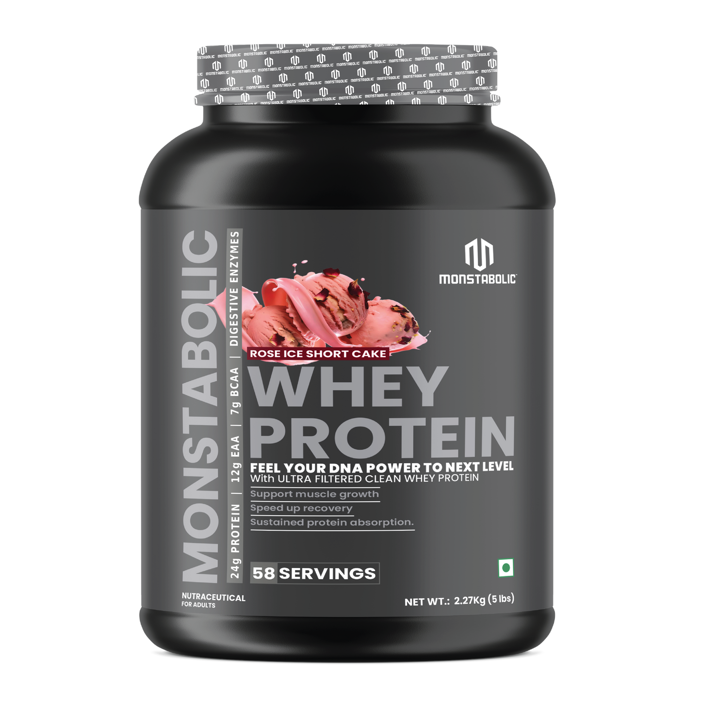 Monstabolic Whey Protein Powder | 24g Protein, 12g EAA & 7g BCAA per Serving | Digestive Enzymes | Rose Ice Short Cake Flavour | 2.27kg (5 lbs) | 58 Servings