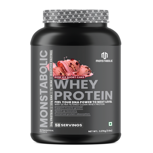 Monstabolic Whey Protein Powder | 24g Protein, 12g EAA & 7g BCAA per Serving | Digestive Enzymes | Rose Ice Short Cake Flavour | 2.27kg (5 lbs) | 58 Servings