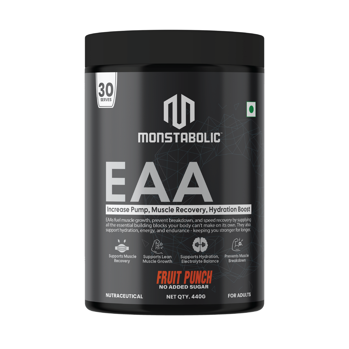Monstabolic EAA Powder | Essential Amino Acids for Muscle Recovery, Hydration & Lean Muscle Growth | Fruit Punch Flavour | No Added Sugar | 440g | 30 Servings