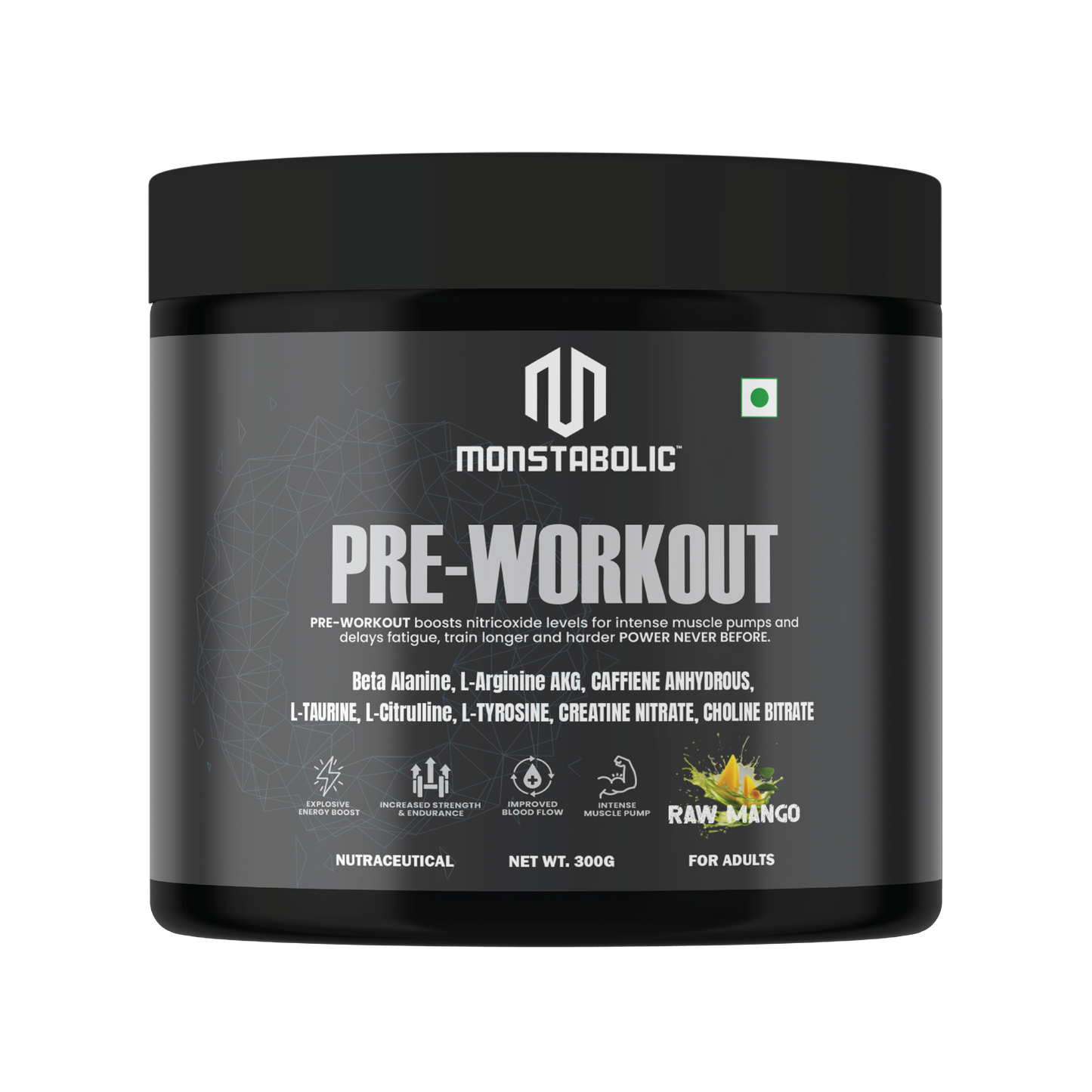 Monstabolic Pre-Workout Powder | Raw Mango Flavour | Beta Alanine, L-Arginine AKG, L-Citrulline, L-Tyrosine, Caffeine Anhydrous | Energy, Focus, Muscle Pump & Endurance | 300g