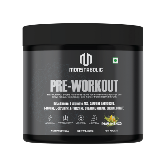 Monstabolic Pre-Workout Powder | Raw Mango Flavour | Beta Alanine, L-Arginine AKG, L-Citrulline, L-Tyrosine, Caffeine Anhydrous | Energy, Focus, Muscle Pump & Endurance | 300g