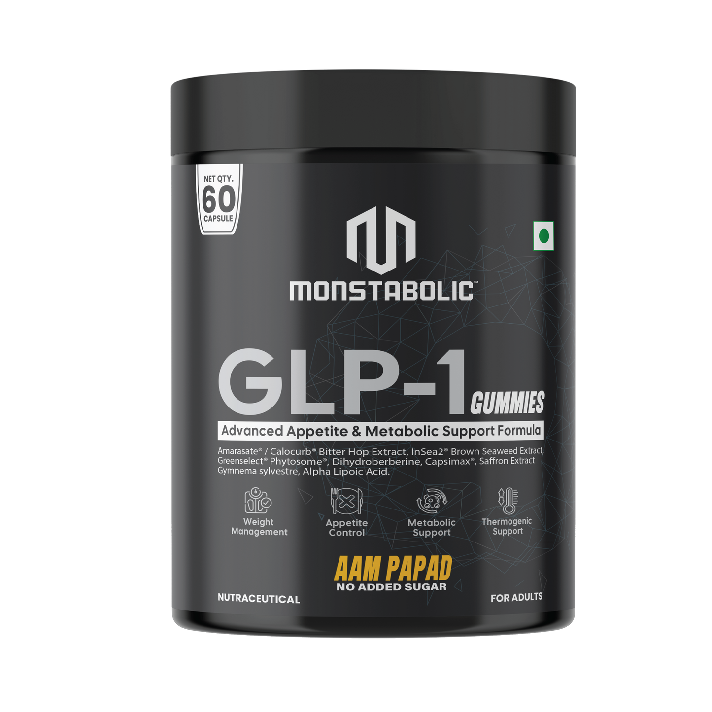 Monstabolic GLP-1 Gummies | Advanced Appetite & Metabolic Support Formula | Weight Management & Appetite Control | No Added Sugar | Aam Papad Flavour | 60 Gummies