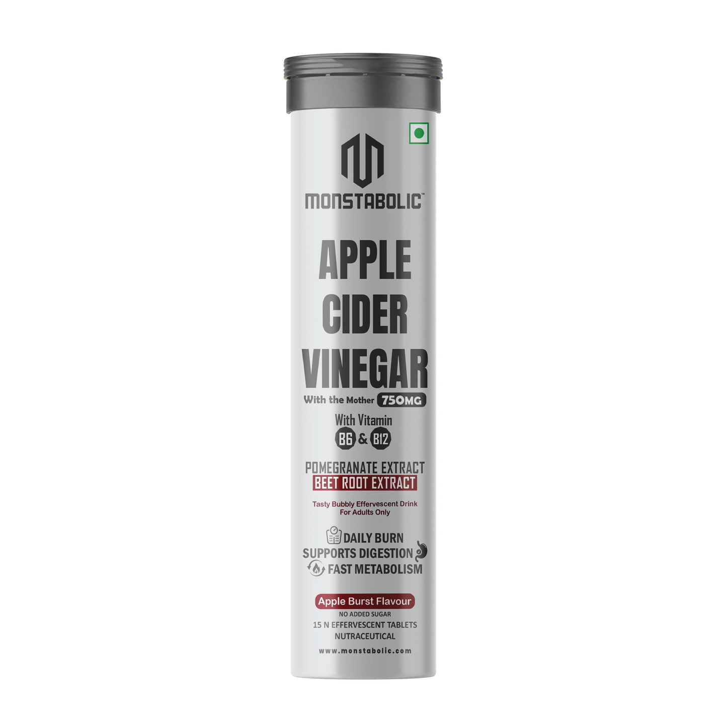 Monstabolic Apple Cider Vinegar Effervescent Tablets | 750mg ACV with The Mother | Vitamin B6 & B12 | Pomegranate & Beet Root Extract | Apple Burst Flavour | 15 Tablets